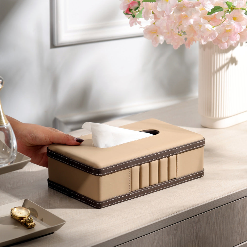 Coda Striped Tissue Box Holder - Beige Brown