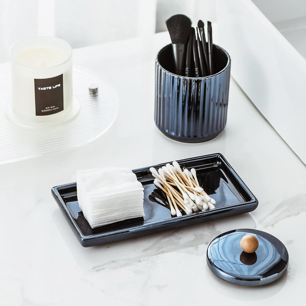 Lineo Ceramic Condiment Jars with Tray - Metallic Blue