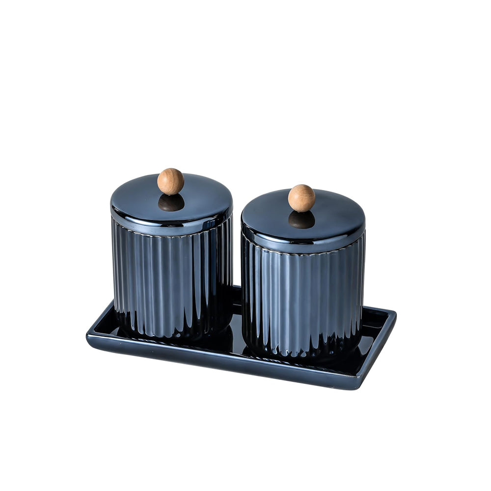 Lineo Ceramic Condiment Jars with Tray - Metallic Blue
