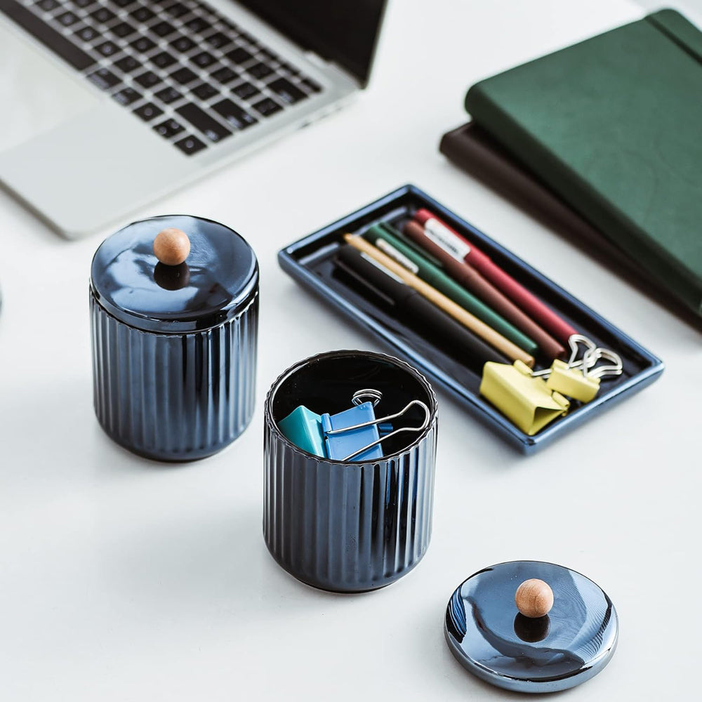 Lineo Ceramic Condiment Jars with Tray - Metallic Blue