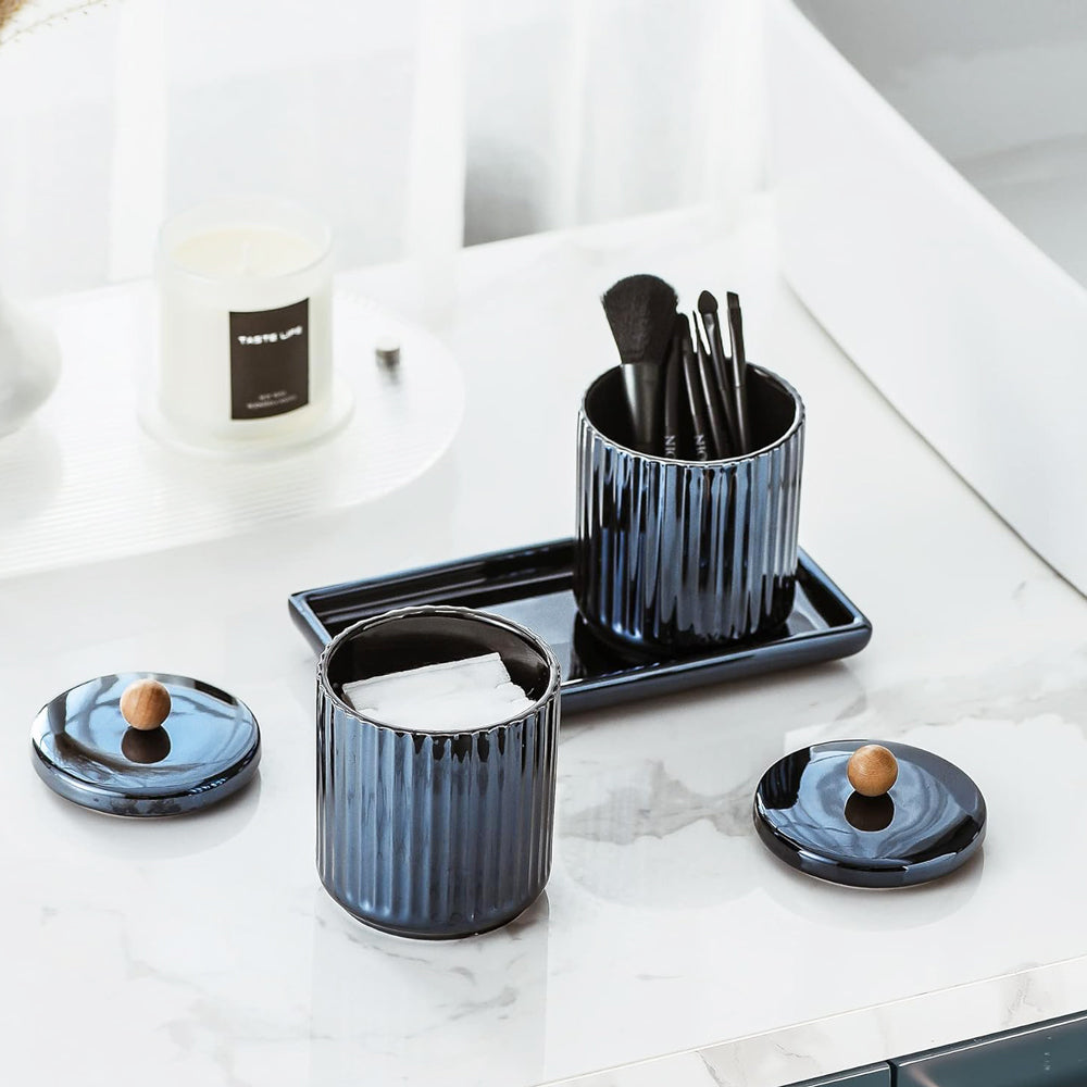 Lineo Ceramic Condiment Jars with Tray - Metallic Blue