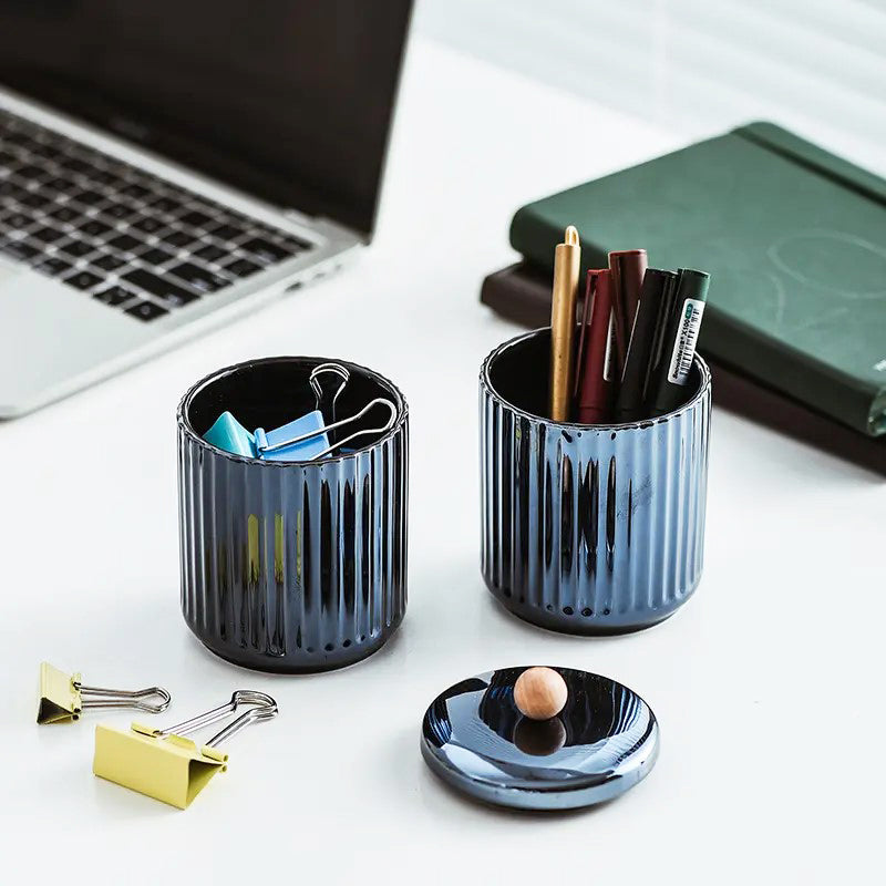 Lineo Ceramic Condiment Jars with Tray - Metallic Blue