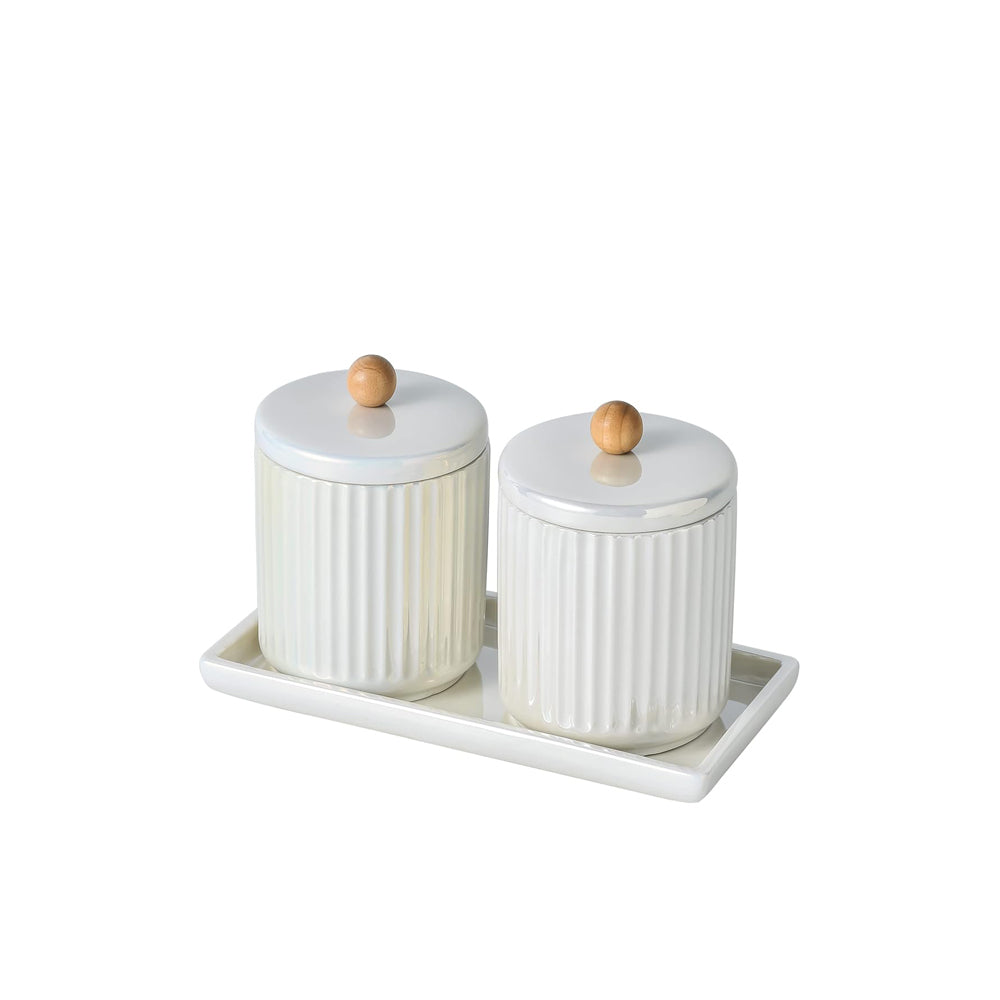 Lineo Ceramic Condiment Jars with Tray - Pearl White