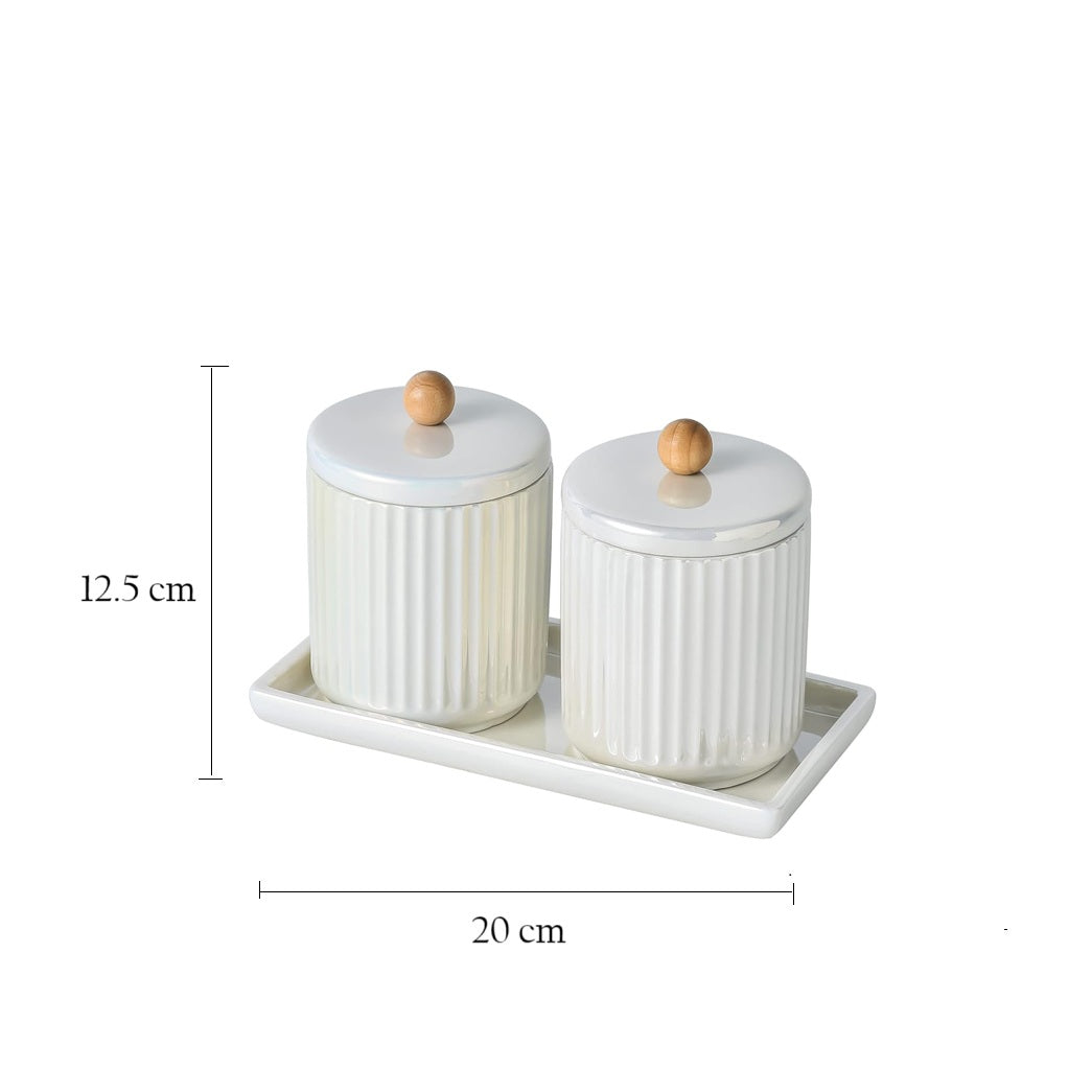 Lineo Ceramic Condiment Jars with Tray - Pearl White