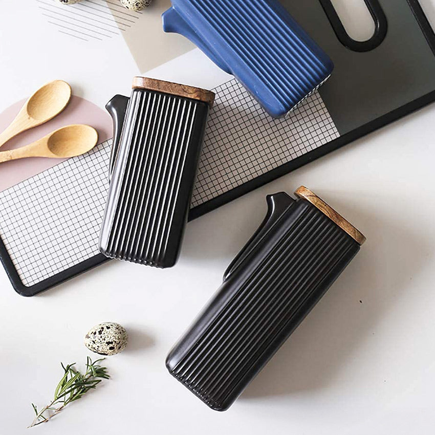 Lines Ceramic Oil & Vinegar Bottles with Tray - Black