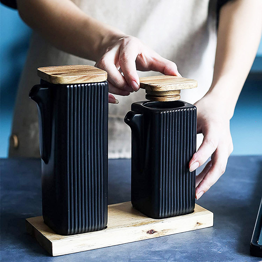 Lines Ceramic Oil & Vinegar Bottles with Tray - Black
