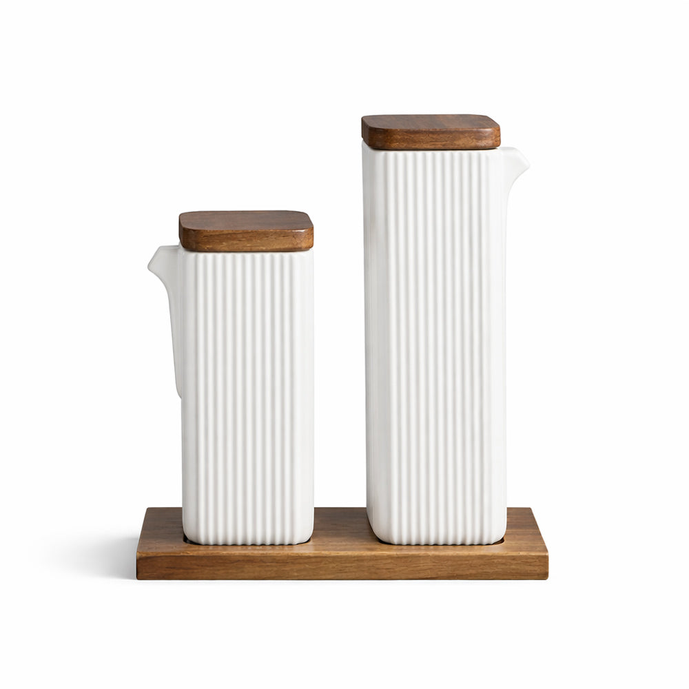 Lines Ceramic Oil & Vinegar Bottles with Tray - White
