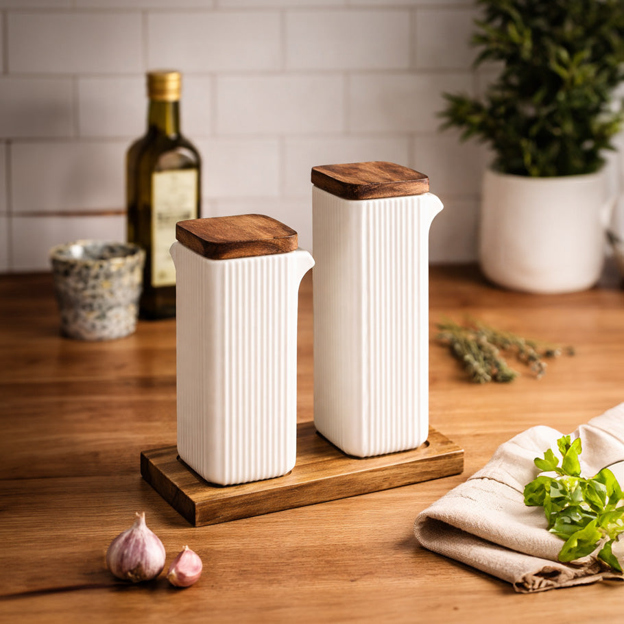 Lines Ceramic Oil & Vinegar Bottles with Tray - White