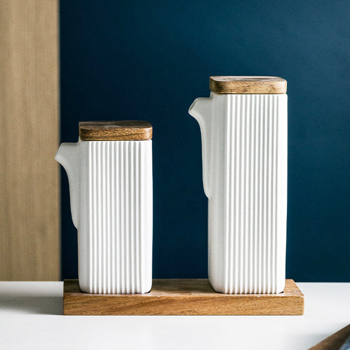 Lines Ceramic Oil & Vinegar Bottles with Tray - White