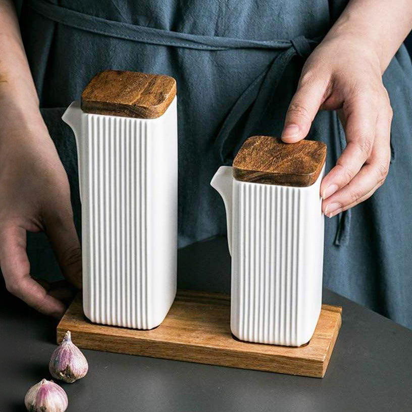 Lines Ceramic Oil & Vinegar Bottles with Tray - White