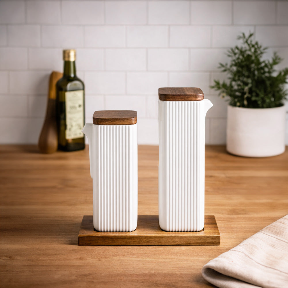 Lines Ceramic Oil & Vinegar Bottles with Tray - White