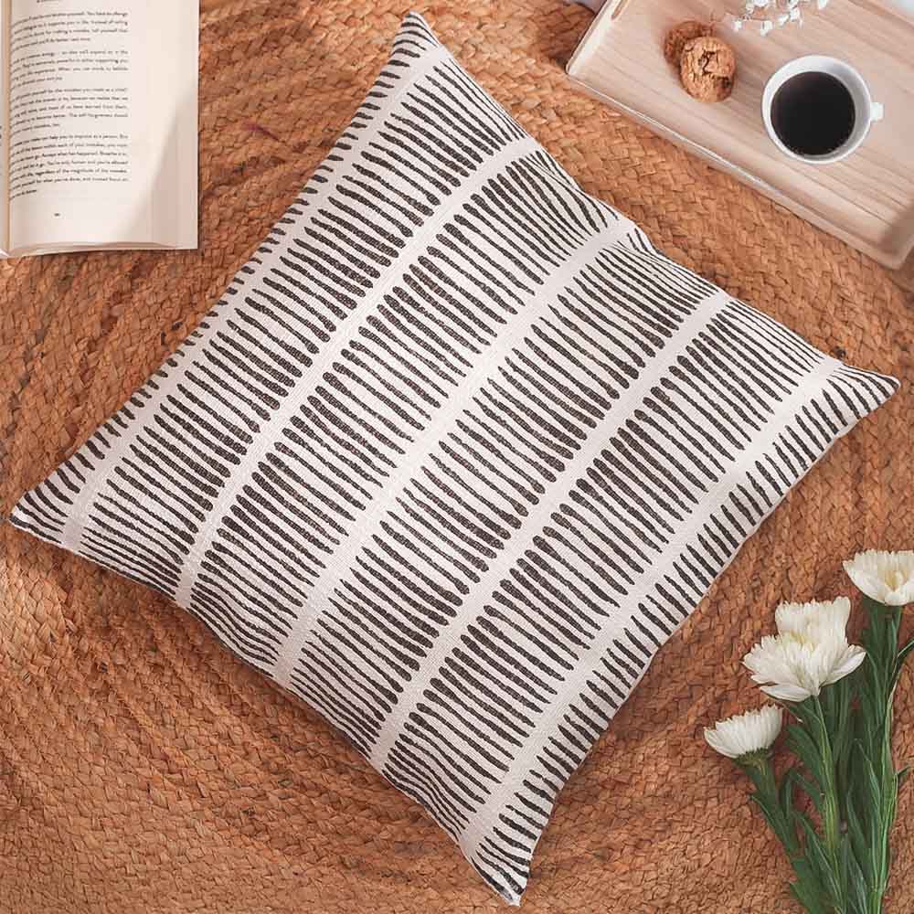 Lines Printed Cotton Cushion Cover 45x45cm - Grey White