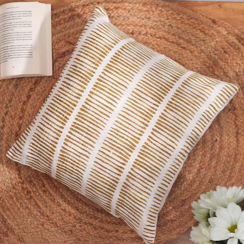 Lines Printed Cotton Cushion Cover 45x45cm - Mustard White