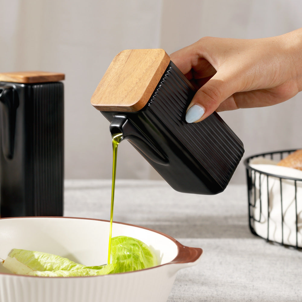 Lines Ceramic Oil & Vinegar Bottles with Tray - Black