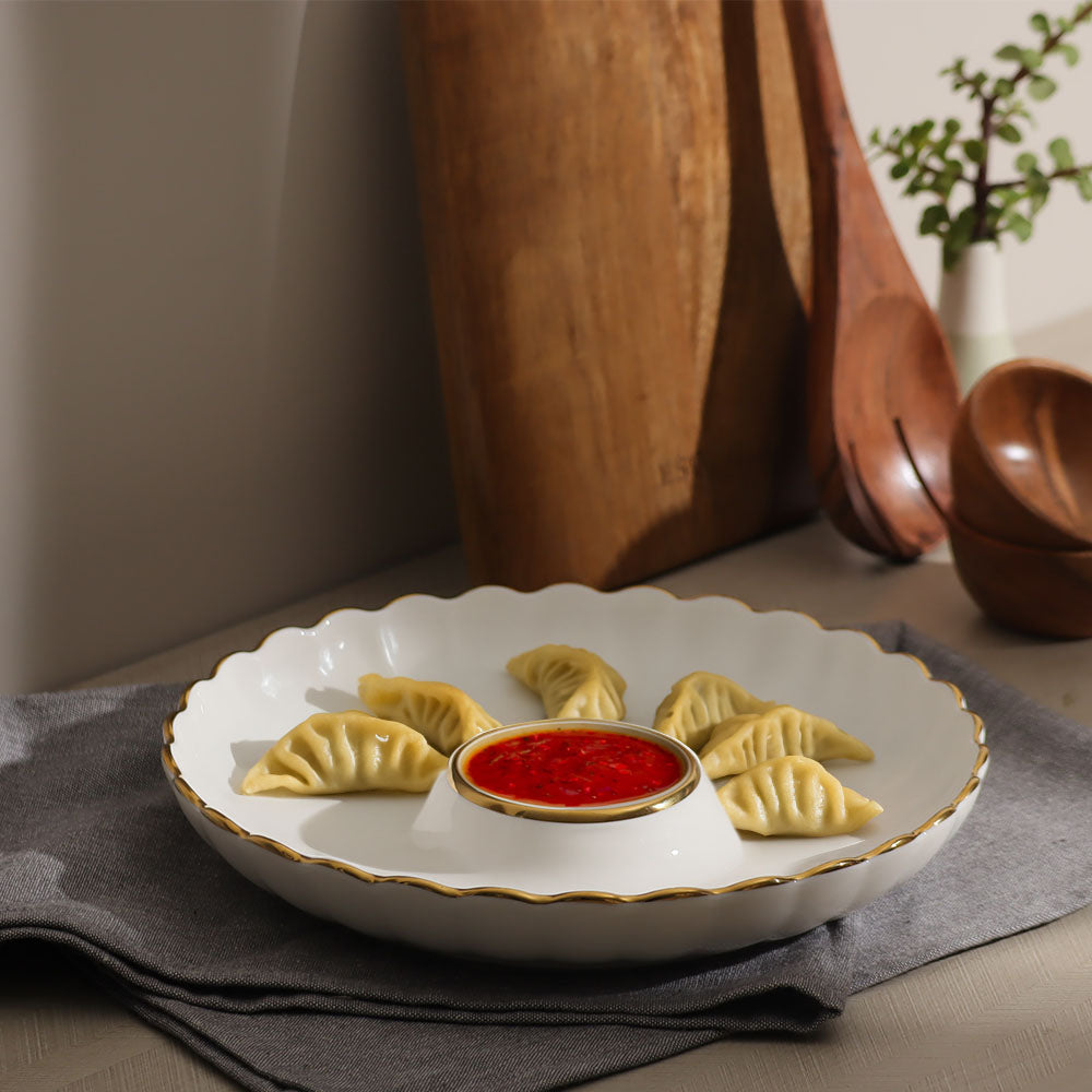 Lines Round Serving Plate With Dip Section - White