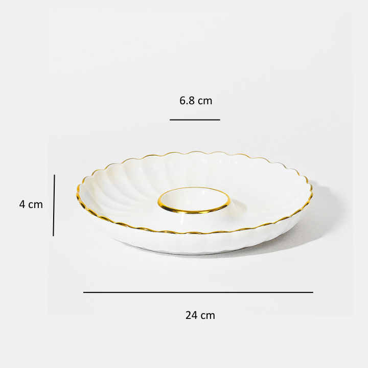 Lines Round Serving Plate With Dip Section - White