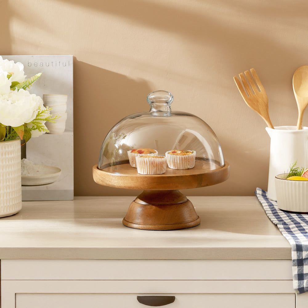 Livia Wooden Cake Stand with Glass Dome Medium