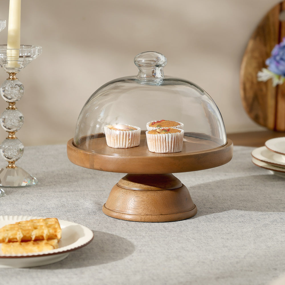 Livia Wooden Cake Stand with Glass Dome Medium