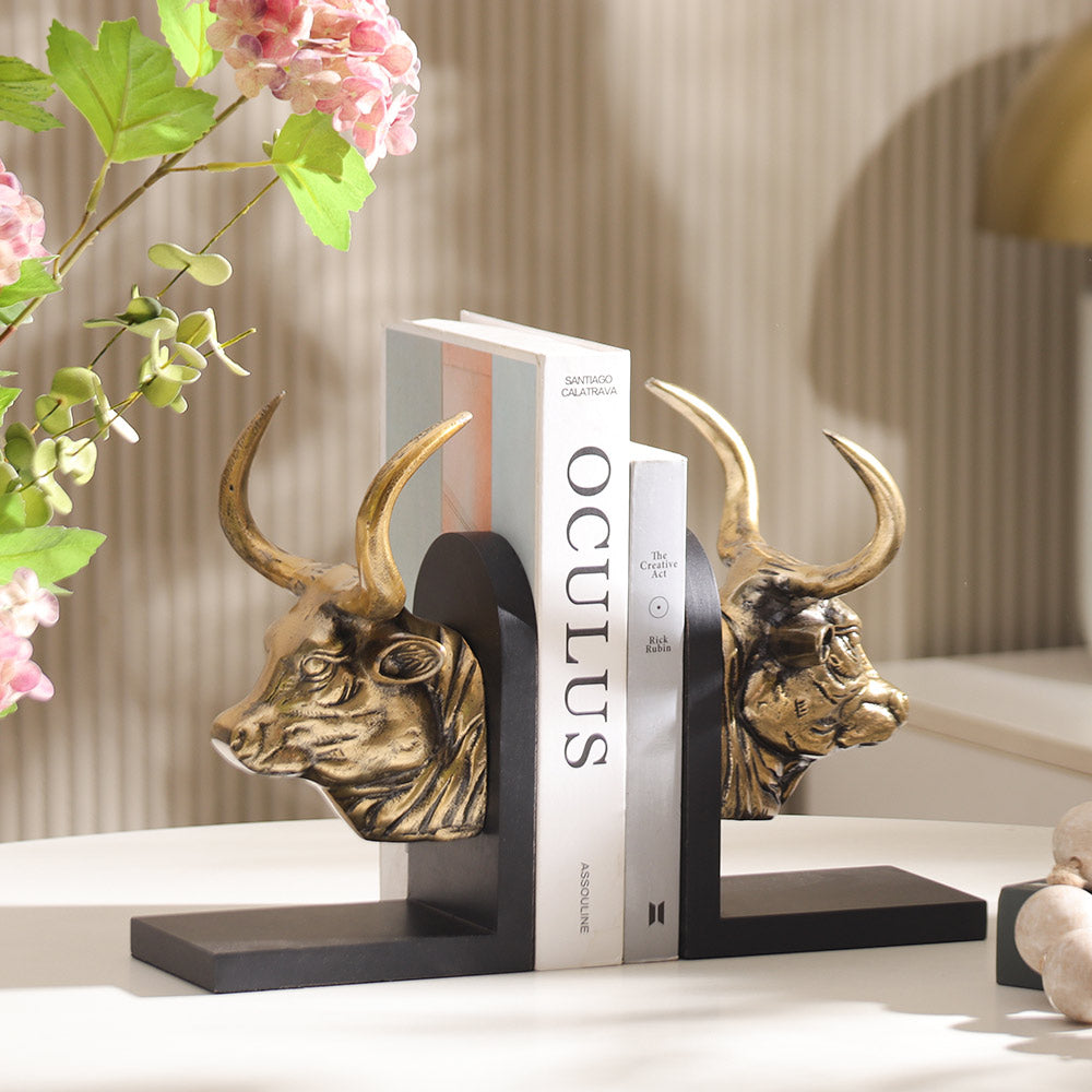 Longhorn Bulls Metal Bookends, Set of 2 - Gold Black