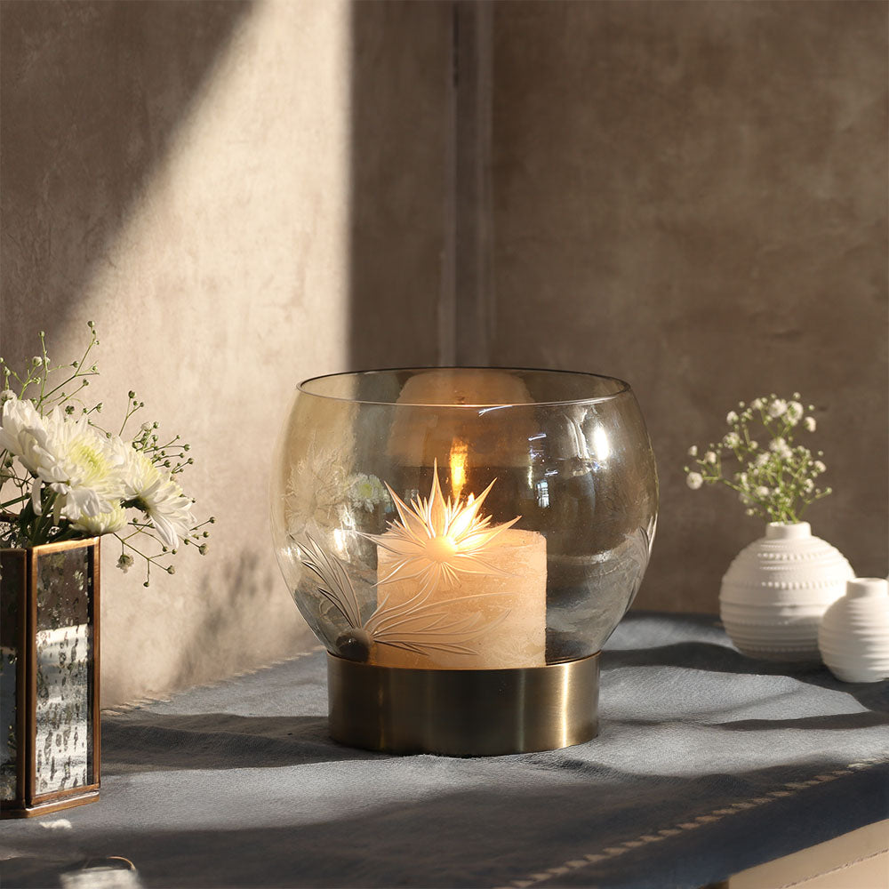 Lotus Glass Round Hurricane Large - Tinted Gold