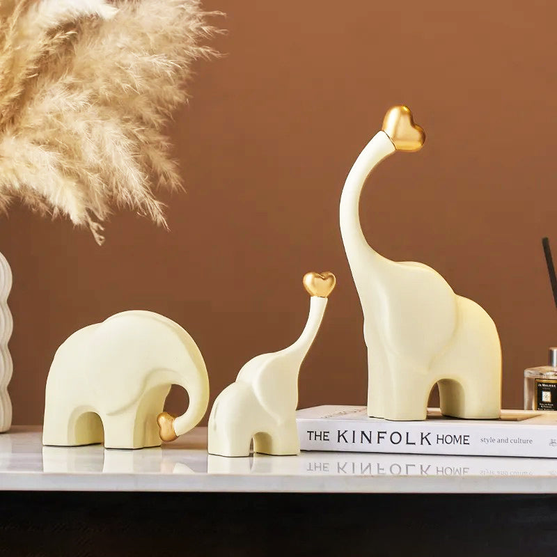 Love Elephant Sculptures, Set of 3 - Gold Cream