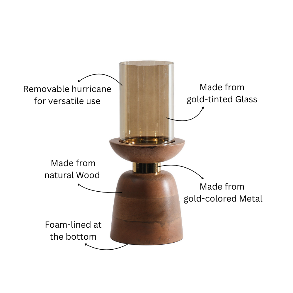 Luca Wooden Candlestand with Glass Hurricane Large