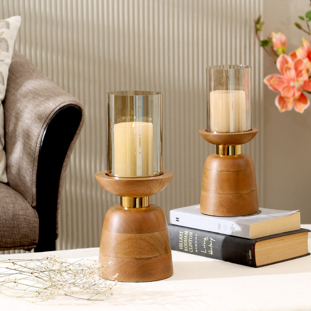 Luca Wooden Candlestand with Glass Hurricane Large