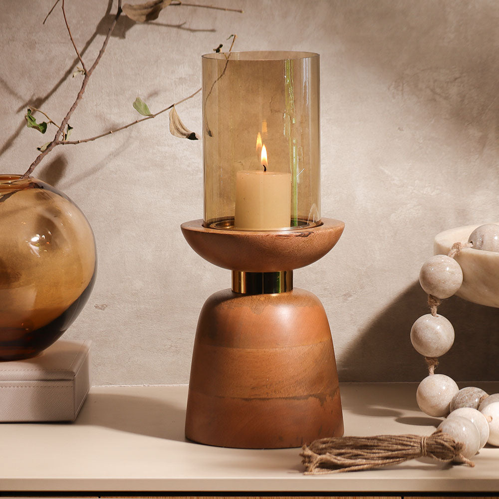 Luca Wooden Candlestand with Glass Hurricane Large