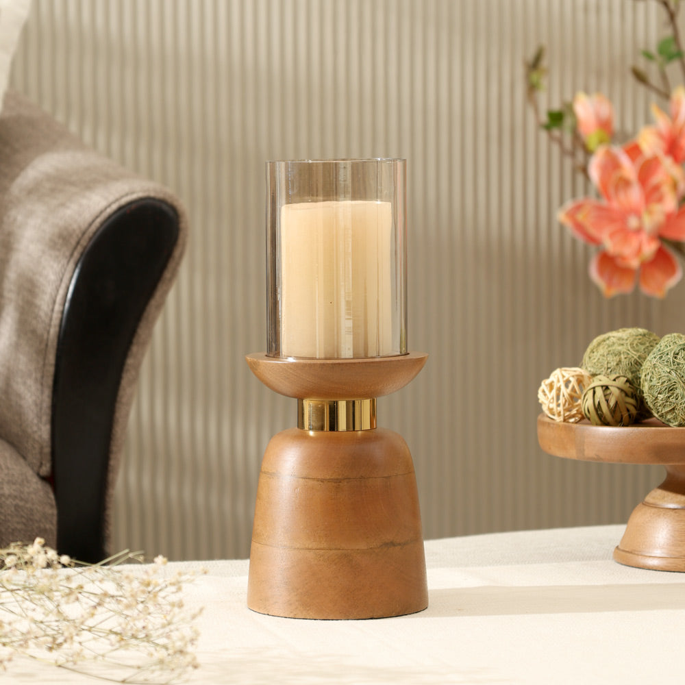 Luca Wooden Candlestand with Glass Hurricane Medium