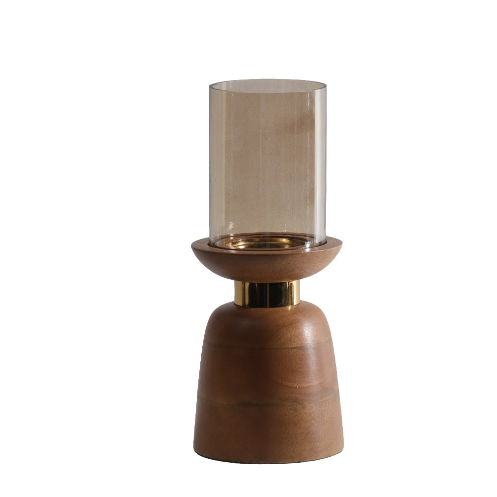 Luca Wooden Candlestand with Glass Hurricane Medium