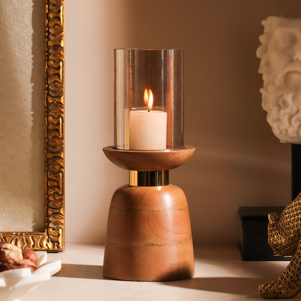 Luca Wooden Candlestand with Glass Hurricane Medium