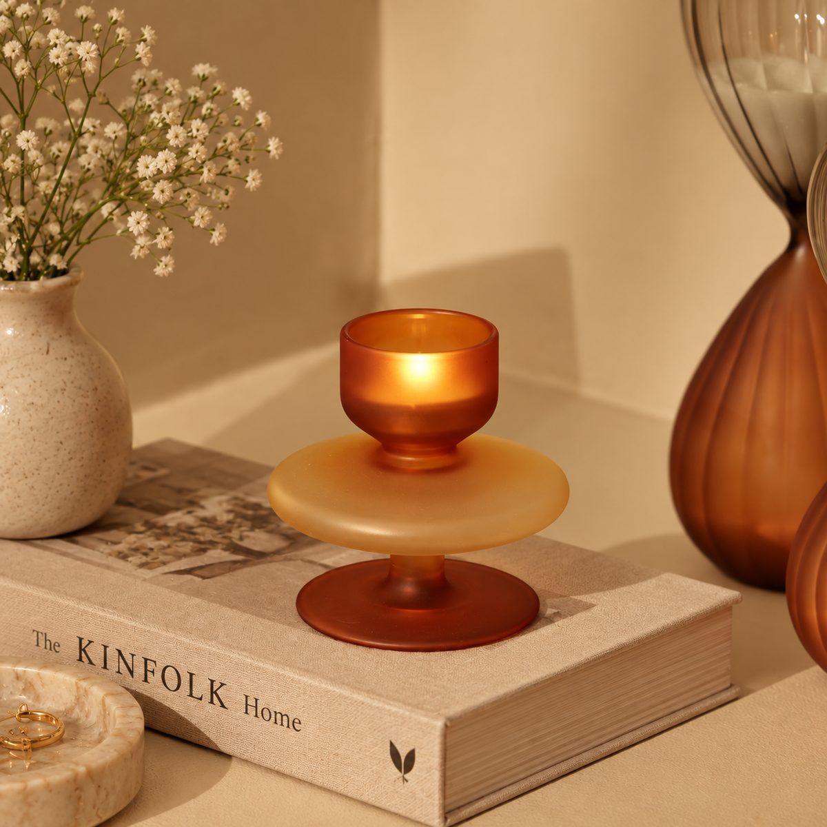 Lumine Glass Tealight Holder - Frosted Amber