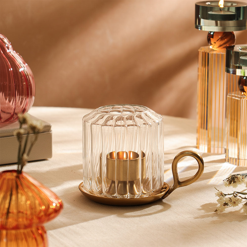 Diyah Metal & Glass Tealight Holder - Clear Gold