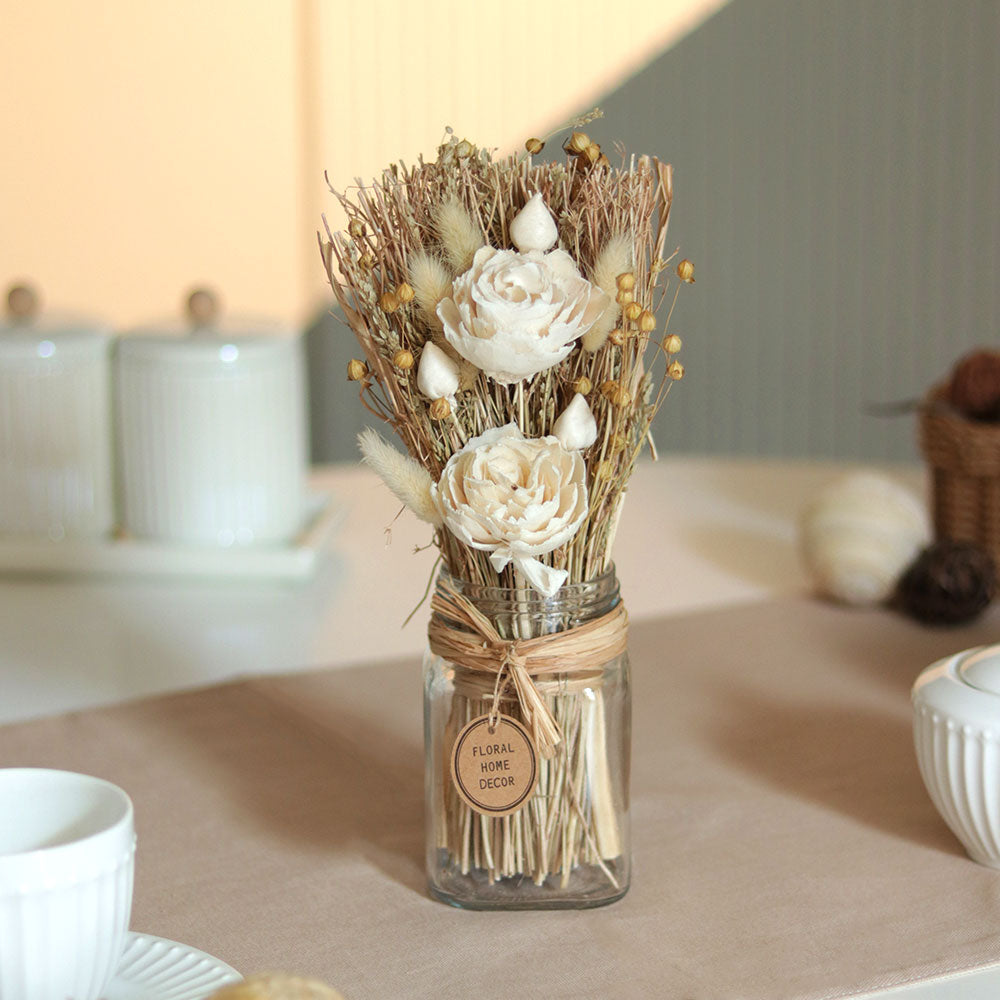 Lynn Dried Flowers Bouquet in Mason Jar - Ivory Beige