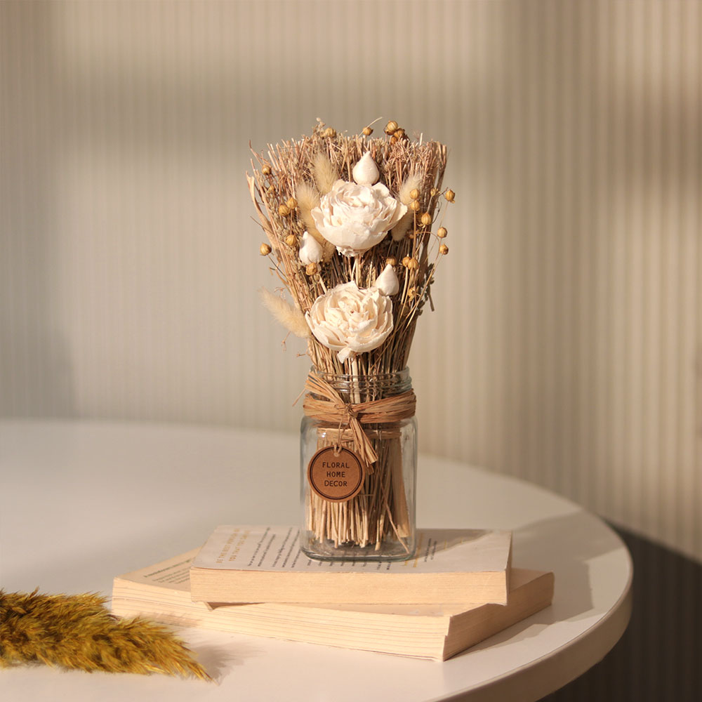 Lynn Dried Flowers Bouquet in Mason Jar - Ivory Beige