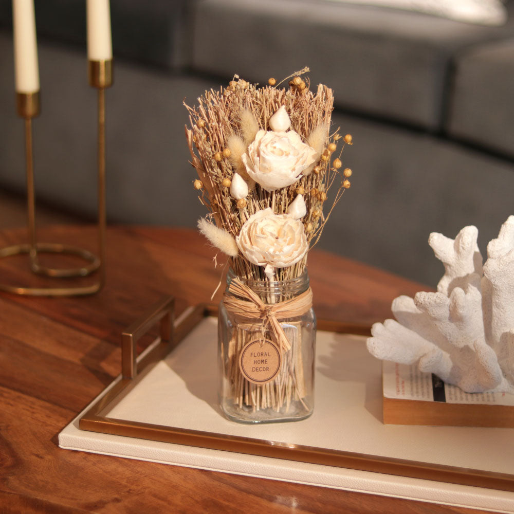 Lynn Dried Flowers Bouquet in Mason Jar - Ivory Beige