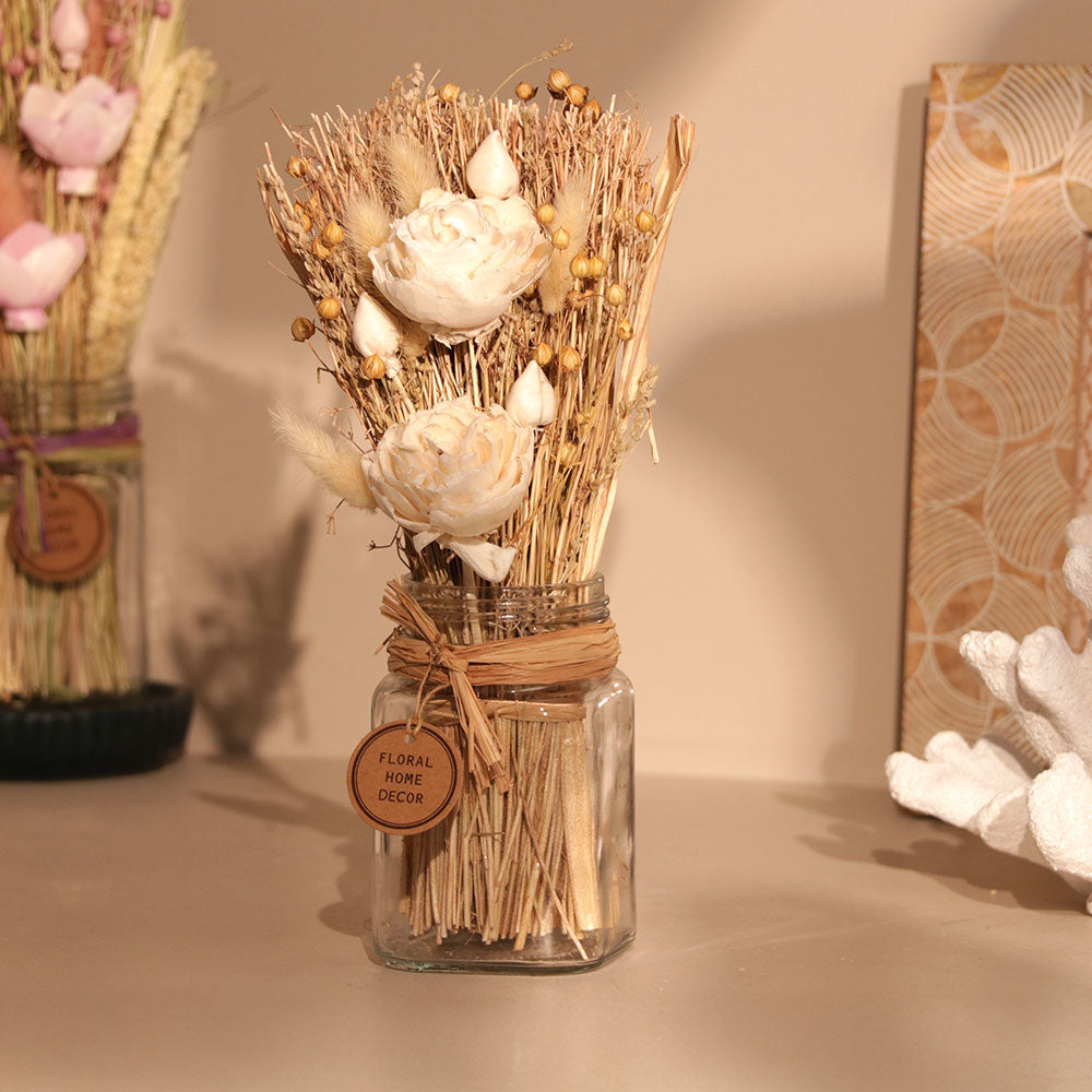 Lynn Dried Flowers Bouquet in Mason Jar - Ivory Beige