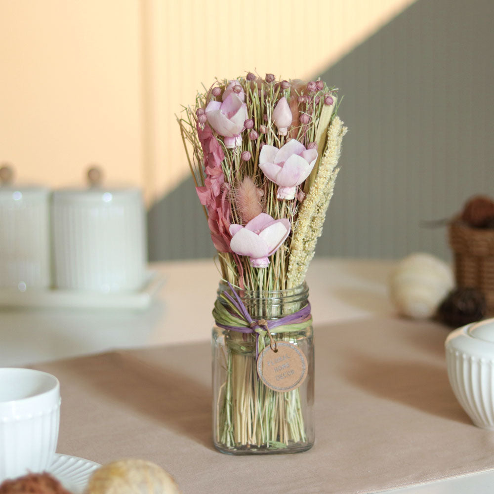 Lynn Dried Flowers Bouquet in Mason Jar - Pink Moss