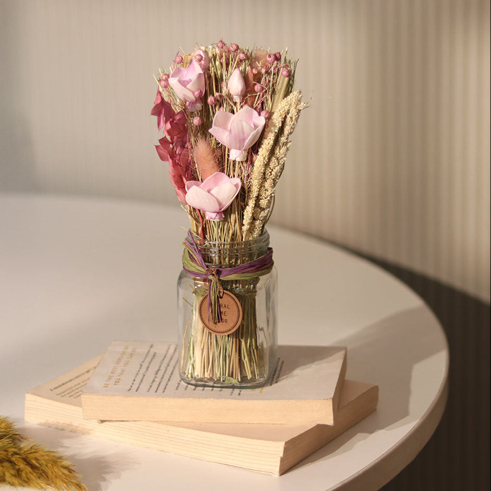 Lynn Dried Flowers Bouquet in Mason Jar - Pink Moss