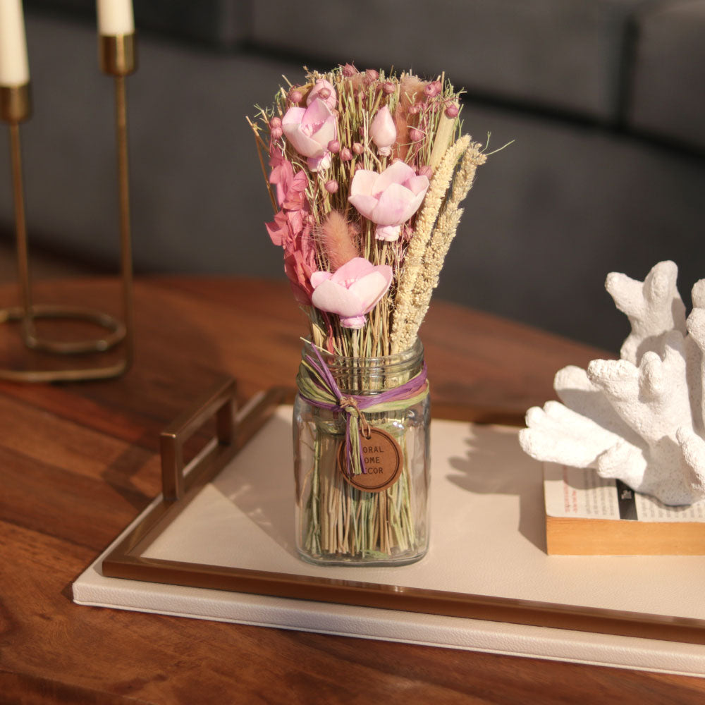 Lynn Dried Flowers Bouquet in Mason Jar - Pink Moss