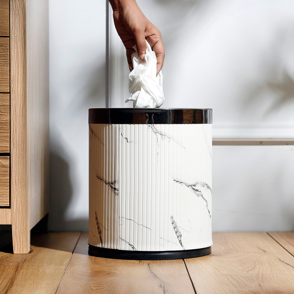 Columns Waste Bin 10L - White Marble & Dark Steel