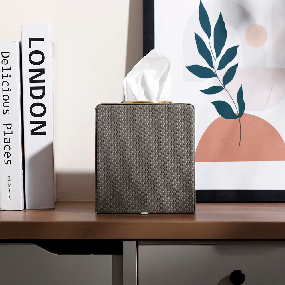 Weave Square Tissue Box Holder - Dark Grey & Gold