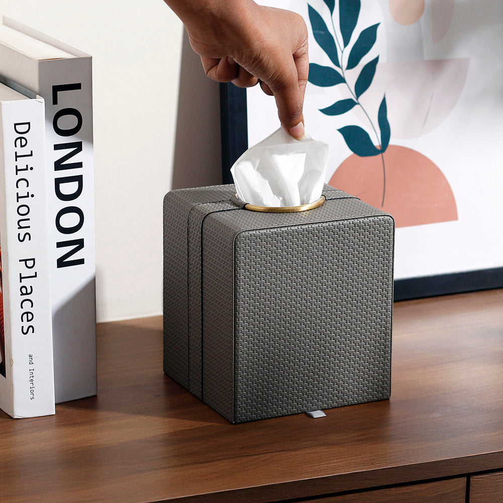Weave Square Tissue Box Holder - Dark Grey & Gold