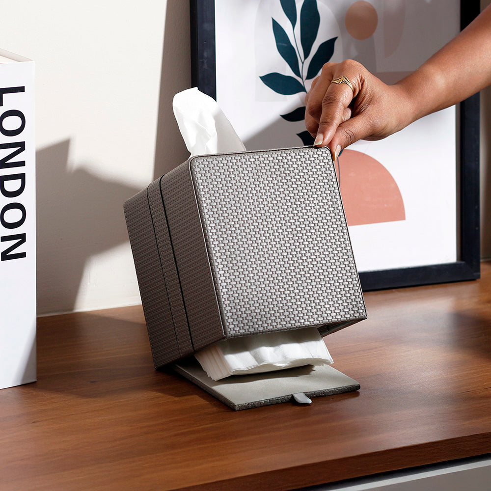 Weave Square Tissue Box Holder - Dark Grey & Gold