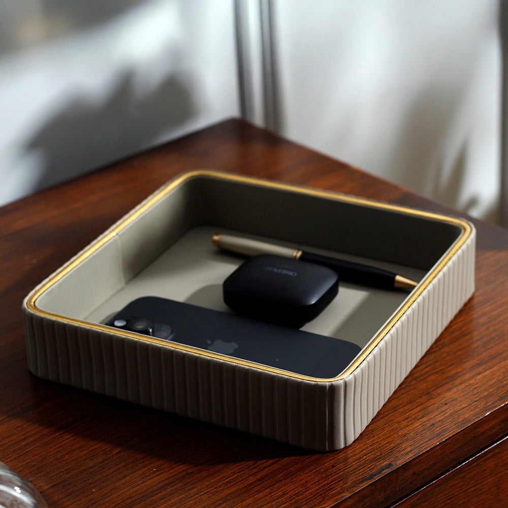 Columns Square Leather Valet Tray - Light Grey