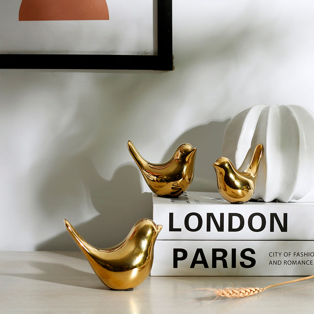 Decorative Birds Sculptures, Set of 3 - Gold