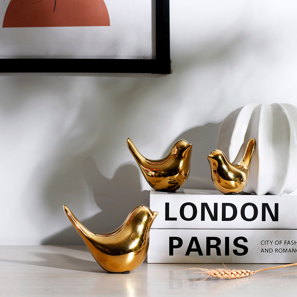 Decorative Birds Sculptures, Set of 3 - Gold