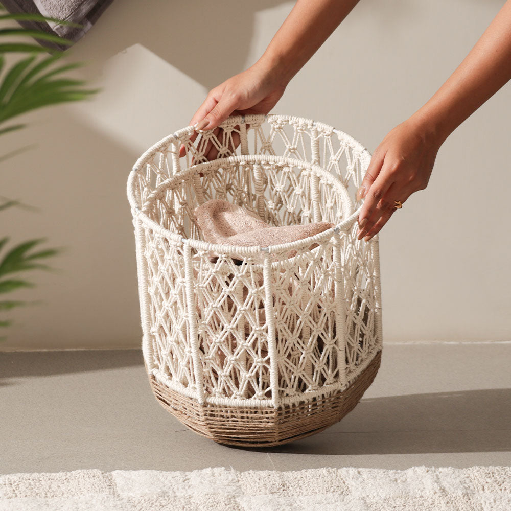 Macrame Harlequin Baskets, Set of 2 - Cream Brown