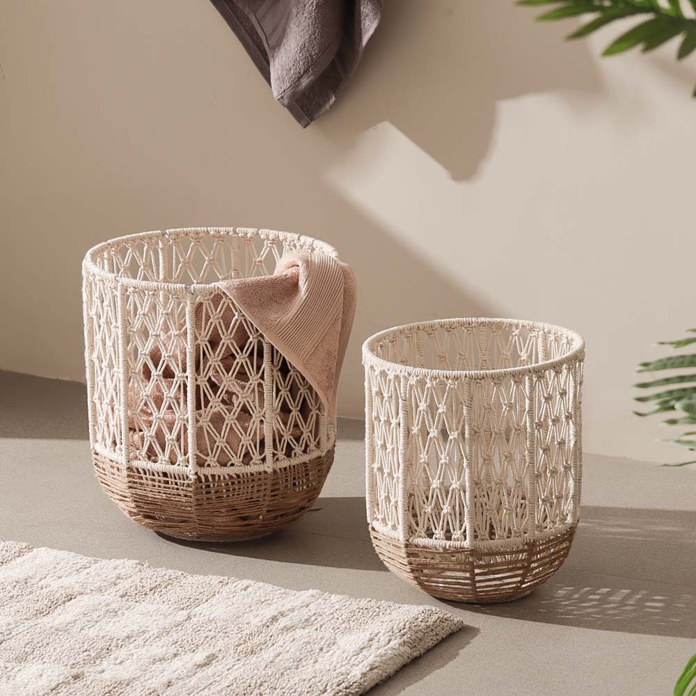 Macrame Harlequin Baskets, Set of 2 - Cream Brown