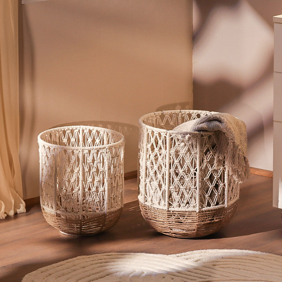 Macrame Harlequin Baskets, Set of 2 - Cream Brown